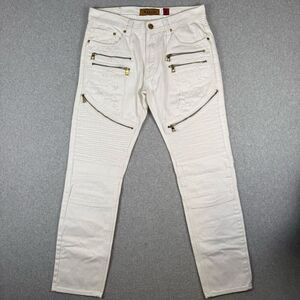 Makobi Mens Size 32x32 Zippered Skinny Leg Denim Jeans White Zipper Fly Pockets
